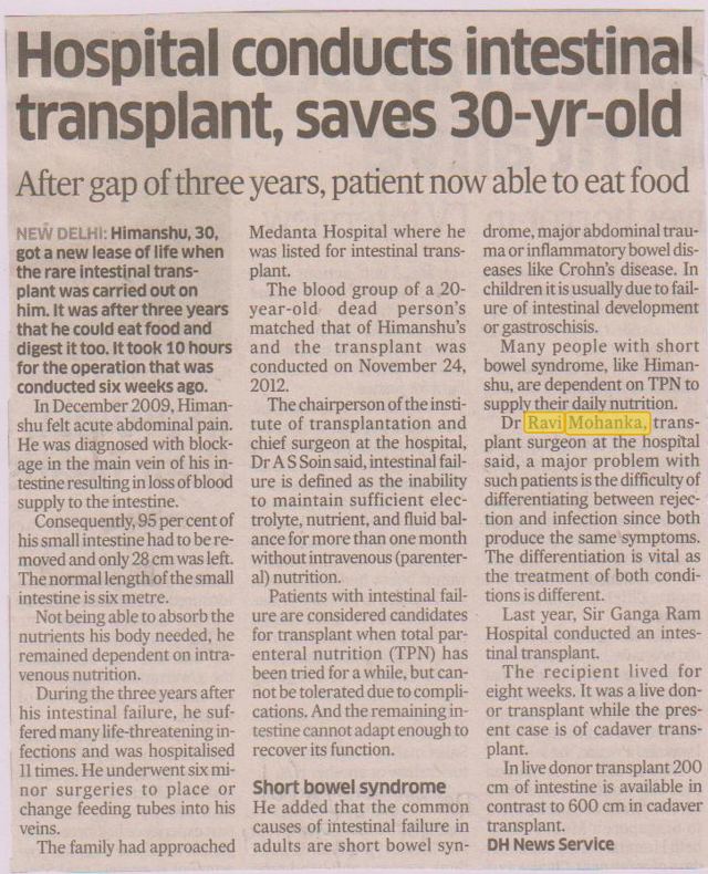 Hospital conducts intestinal transplant, saves 30-year-old