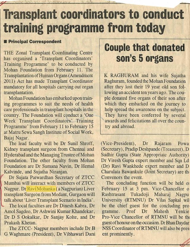 Transplant coordinators to conduct training programme